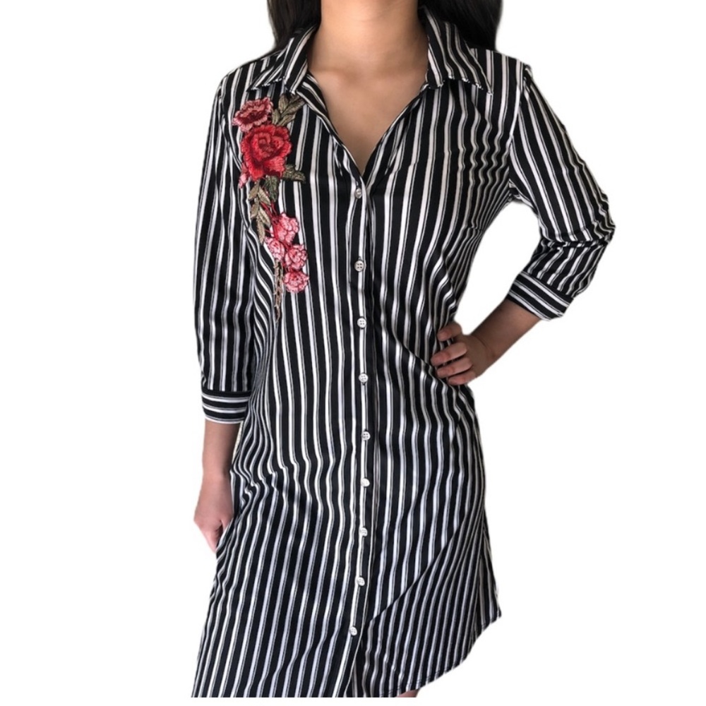 Mlle Gabrielle Black White Striped Stretch Button Down Shirt Dress size Small